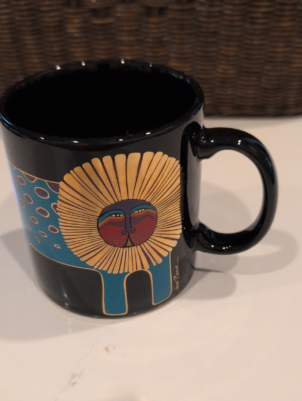 Laurel Burch Black Ceramic Mug Cup with Teal, Gold, Red & Pink Cat Lion Vintage